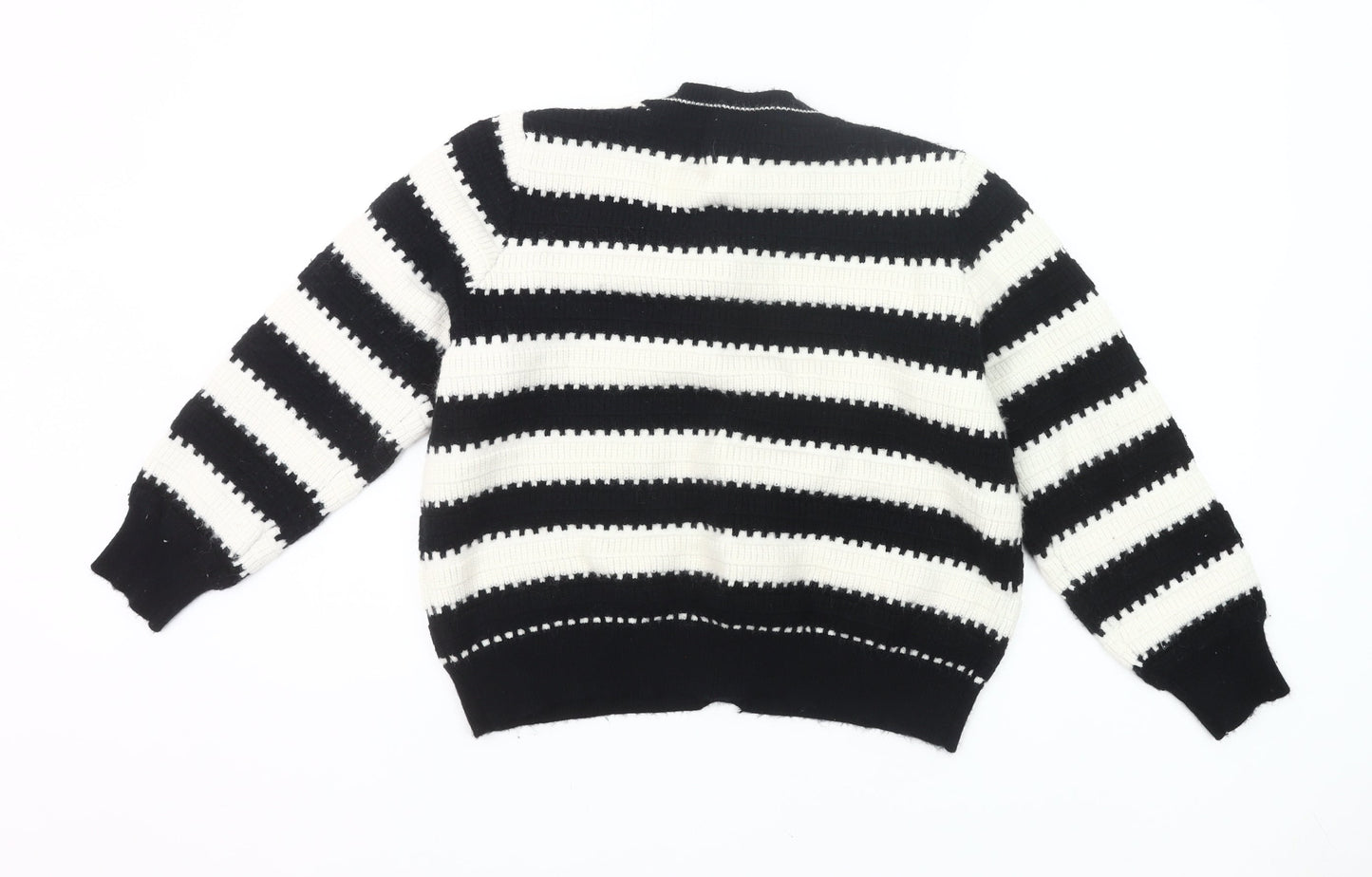 Gallery Womens Black White Striped Knit Cardigan L UK Crew Neck