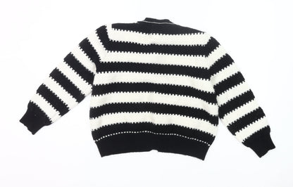 Gallery Womens Black White Striped Knit Cardigan L UK Crew Neck