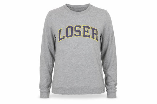 Front view of Topman unisex grey jumper m crew neck pullover funny graphic