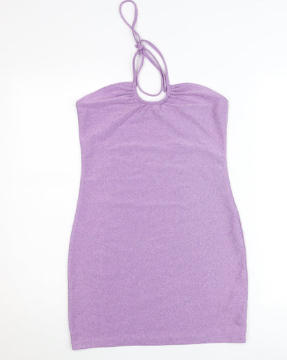 H&M Women Purple Glitter Bodycon Mini Dress Size 12 Halter Clubwear