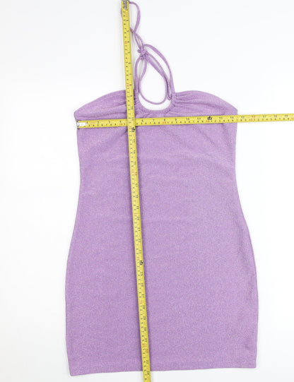 H&M Women Purple Glitter Bodycon Mini Dress Size 12 Halter Clubwear