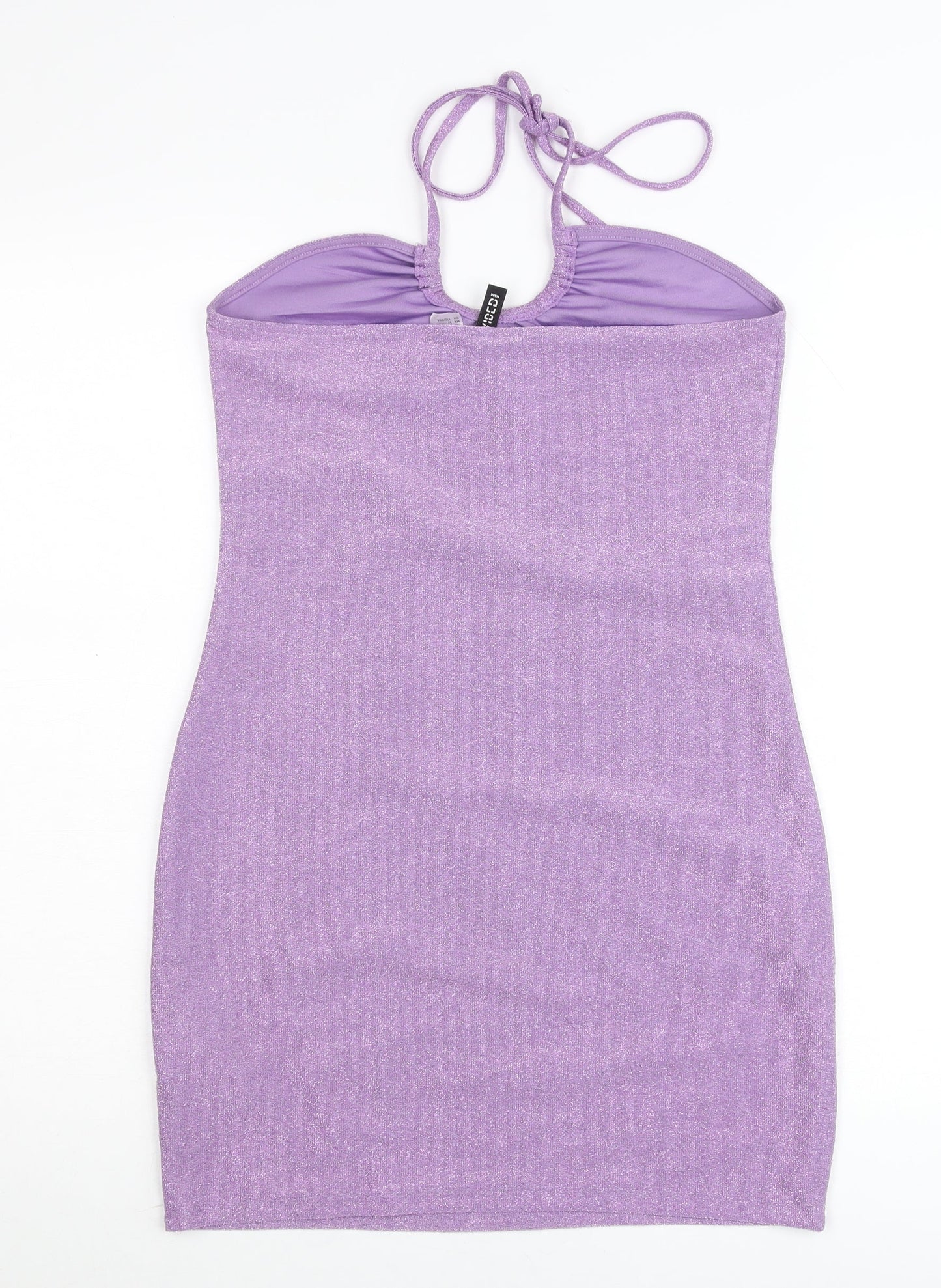 H&M Women Purple Glitter Bodycon Mini Dress Size 12 Halter Clubwear