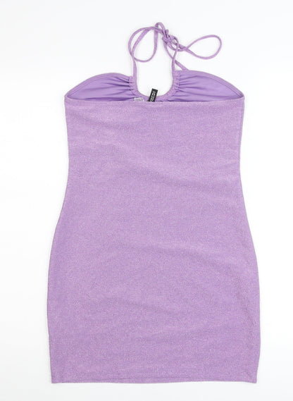 H&M Women Purple Glitter Bodycon Mini Dress Size 12 Halter Clubwear