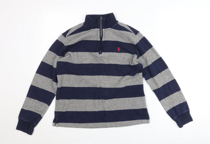 Ralph Lauren Teens Blue Grey Striped Cotton 1/4 Zip Jumper L