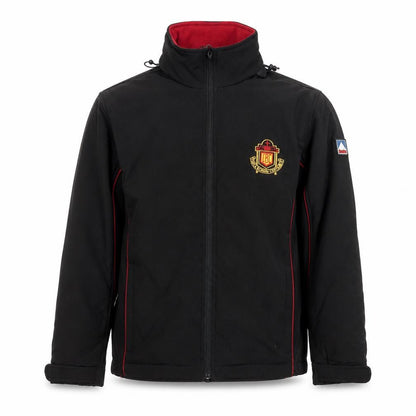 Front view of boys’ black xs softshell jacket with fleece lining outdoor school coat