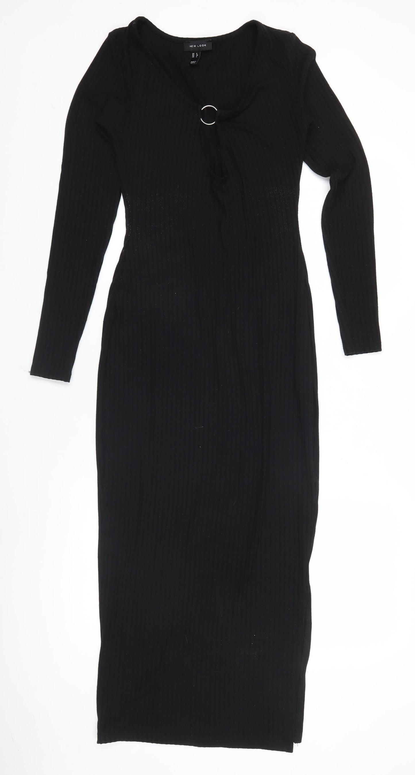 New Look Women’s Black Bodycon Midi Dress Size 6 Long Sleeve Scoop Neck