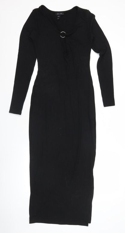 New Look Women’s Black Bodycon Midi Dress Size 6 Long Sleeve Scoop Neck