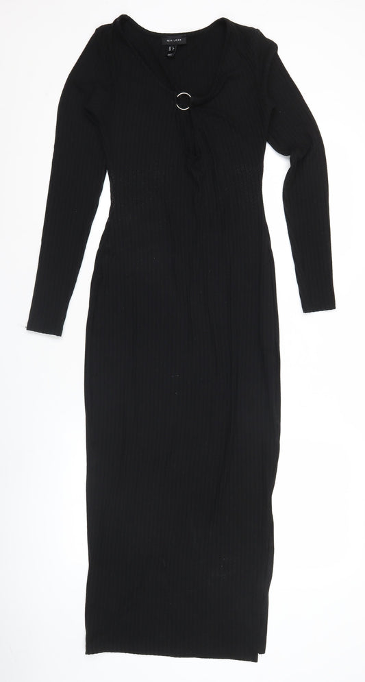 New Look Women’s Black Bodycon Midi Dress Size 6 Long Sleeve Scoop Neck