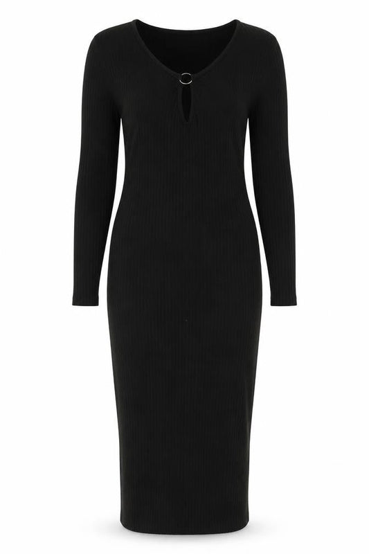 New Look Women’s Black Bodycon Midi Dress Size 6 Long Sleeve Scoop Neck