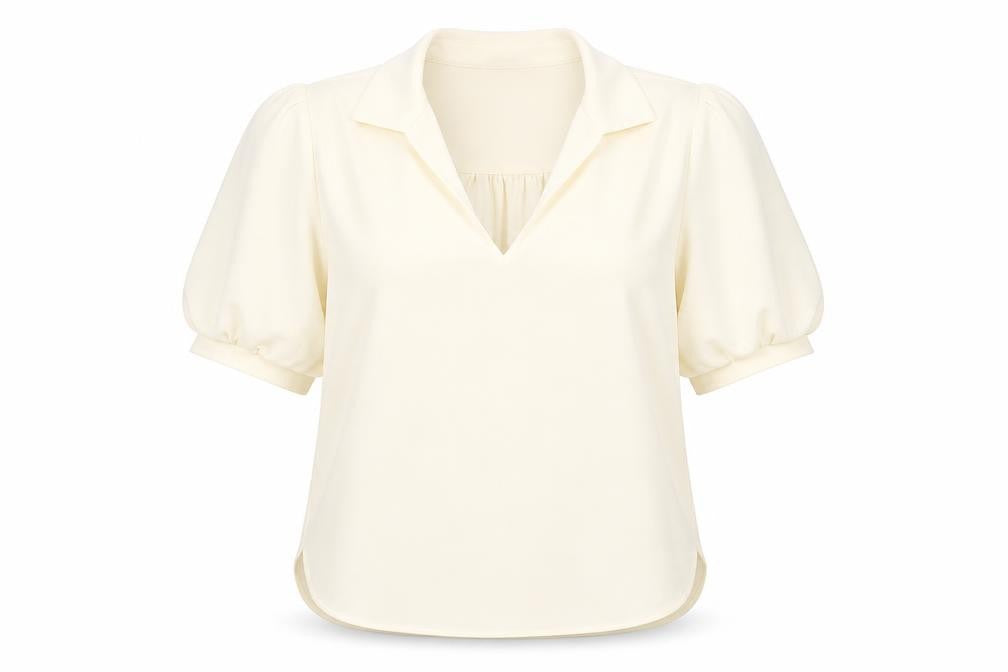 Front view of Yaya Women Ivory Blouse, size 14, Puff Sleeve Collared Top