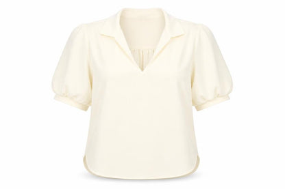 Front view of Yaya Women Ivory Blouse, size 14, Puff Sleeve Collared Top