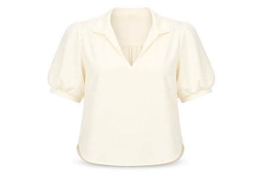 Front view of Yaya Women Ivory Blouse, size 14, Puff Sleeve Collared Top