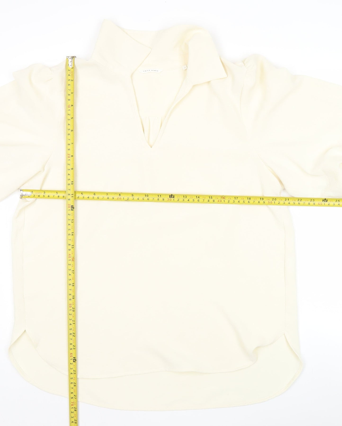 Yaya Women Ivory Blouse Size 14 Puff Sleeve Collared Top