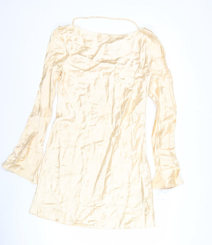 Zara Women Beige Midi Slip Dress Long Sleeve Viscose Stretch L