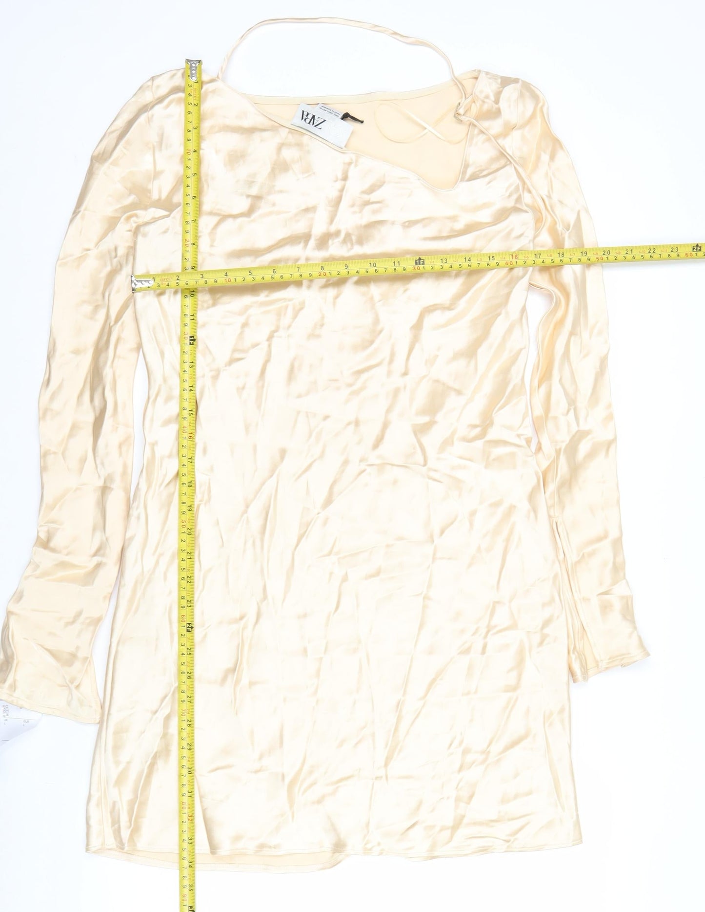 Zara Women Beige Midi Slip Dress Long Sleeve Viscose Stretch L