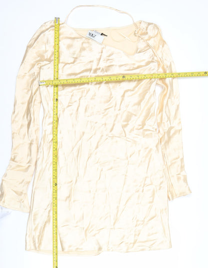 Zara Women Beige Midi Slip Dress Long Sleeve Viscose Stretch L