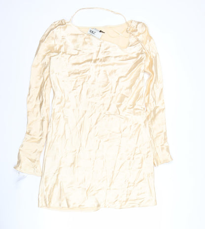 Zara Women Beige Midi Slip Dress Long Sleeve Viscose Stretch L