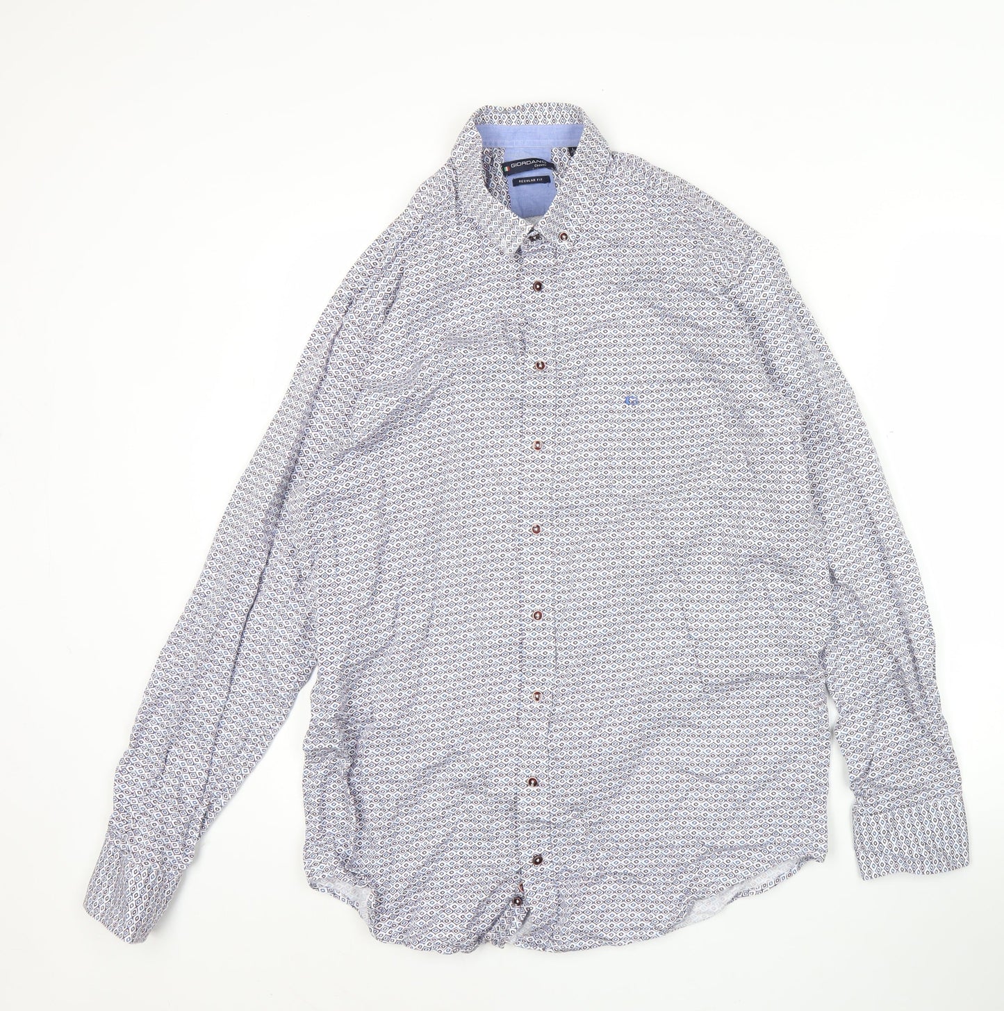 Giordano Men’s Blue Geometric Button-Up Shirt L Regular Fit Cotton