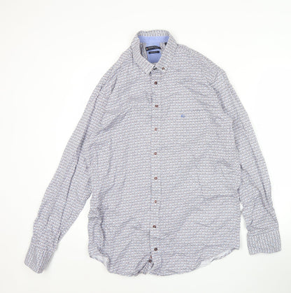 Giordano Men’s Blue Geometric Button-Up Shirt L Regular Fit Cotton