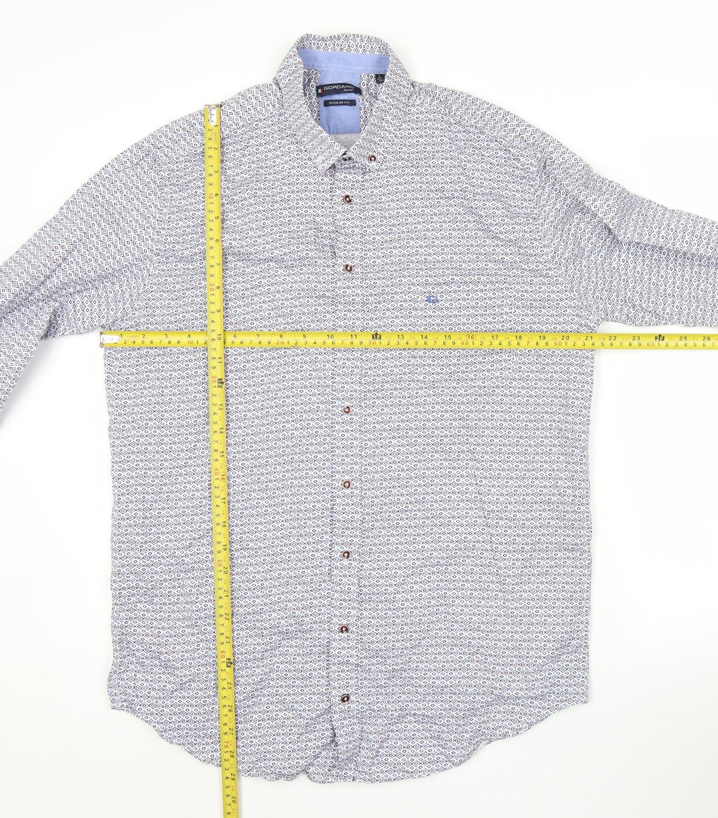 Giordano Men’s Blue Geometric Button-Up Shirt L Regular Fit Cotton