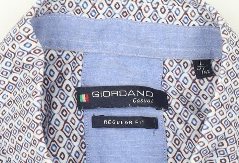 Giordano Men’s Blue Geometric Button-Up Shirt L Regular Fit Cotton