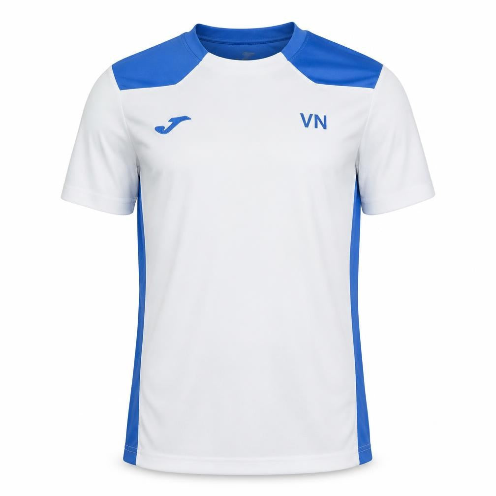Front view of Joma boys’ white blue sports t-shirt 12 years badminton academy activewear