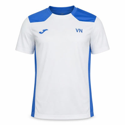 Front view of Joma boys’ white blue sports t-shirt 12 years badminton academy activewear
