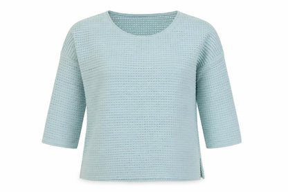 Front view of French Connection women’s blue 3/4 sleeve basic stretch top, size S