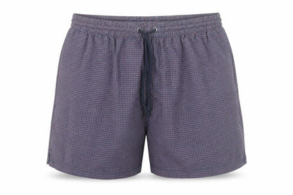 Front view of St Bernard Men's Blue Medium Checked Swim Shorts with Lining