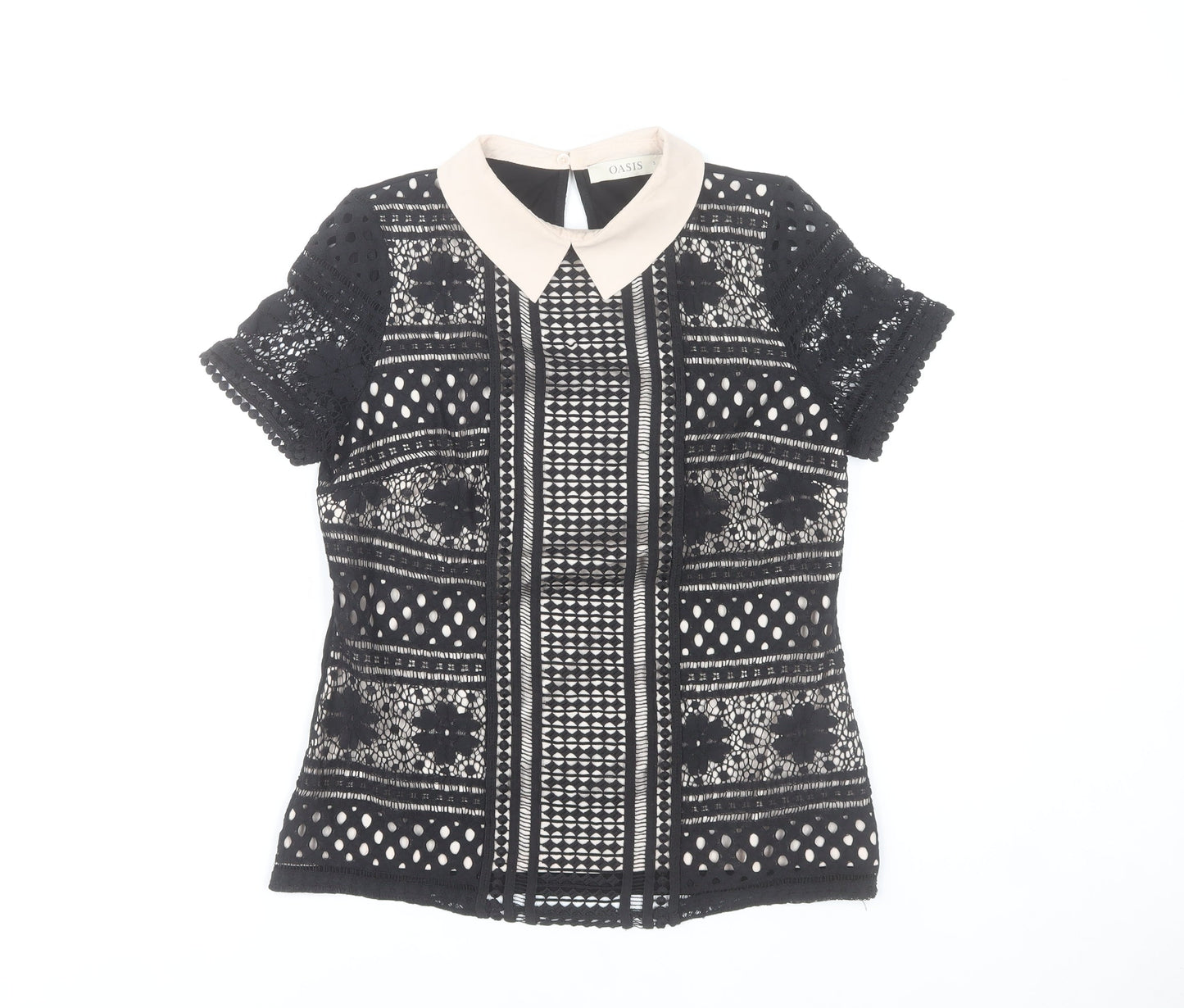 Oasis Women’s Black Collared Lace Blouse Size 8 Short Sleeve