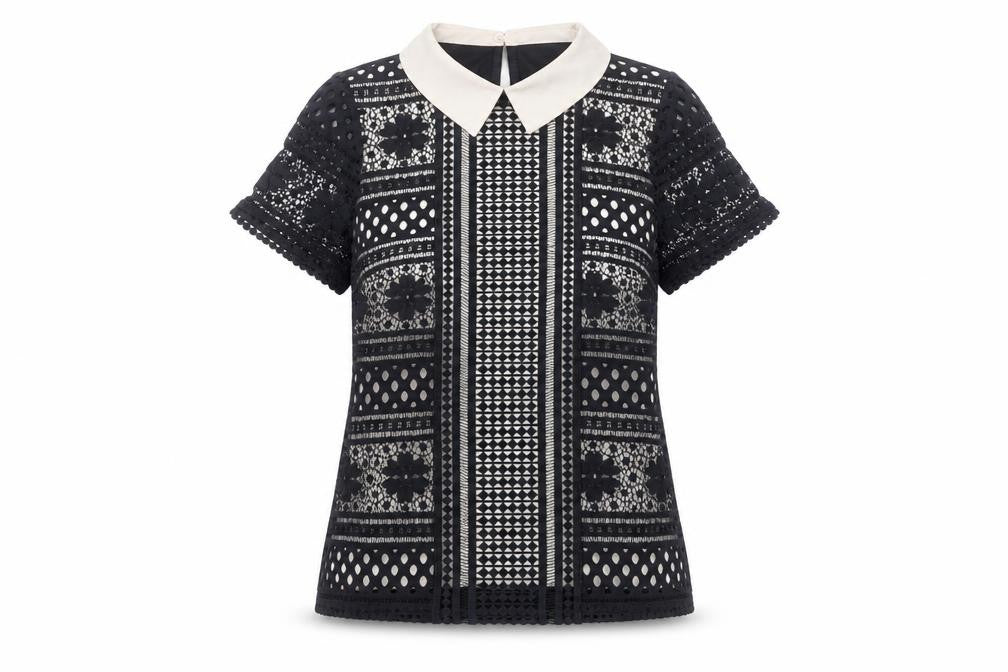Oasis Women’s Black Collared Lace Blouse Size 8 Short Sleeve