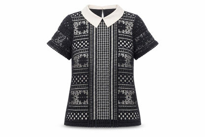 Oasis Women’s Black Collared Lace Blouse Size 8 Short Sleeve