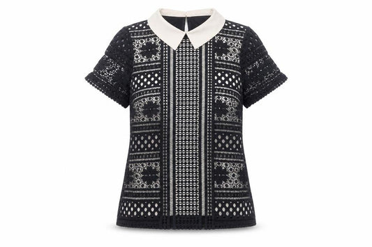 Oasis Women’s Black Collared Lace Blouse Size 8 Short Sleeve