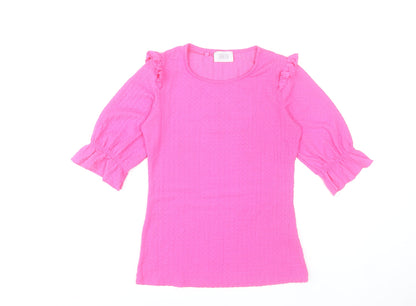 Savida Womens Pink Ruffle Blouse 2XS Round Neck 3/4 Sleeve