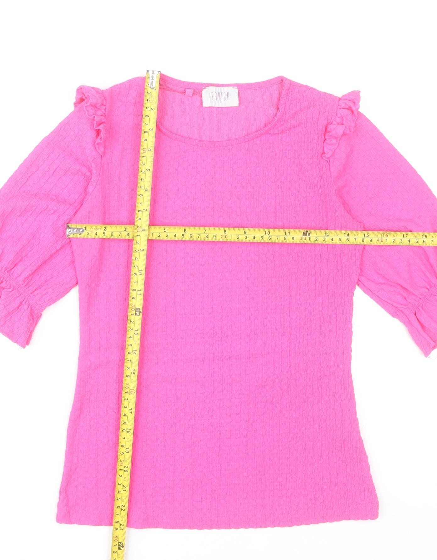 Savida Womens Pink Ruffle Blouse 2XS Round Neck 3/4 Sleeve