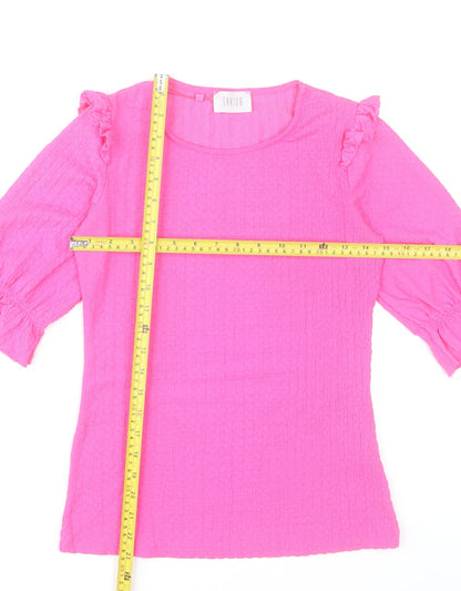 Savida Womens Pink Ruffle Blouse 2XS Round Neck 3/4 Sleeve