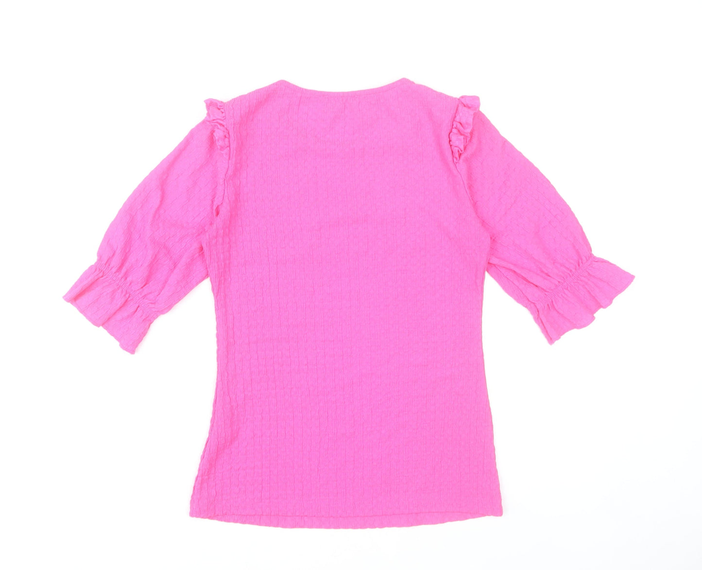 Savida Womens Pink Ruffle Blouse 2XS Round Neck 3/4 Sleeve