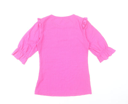 Savida Womens Pink Ruffle Blouse 2XS Round Neck 3/4 Sleeve