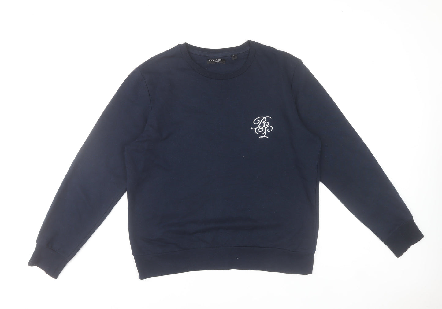 Brave Soul Mens Blue Sweatshirt L Pullover Crew Neck Logo Embroidered