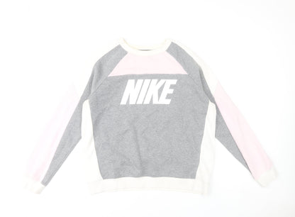 Nike Womens Grey Pink Sweatshirt L Logo Crew Neck Long Sleeve