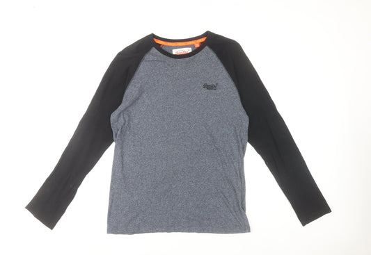 Superdry Men’s Blue Black Long Sleeve Cotton Logo T-Shirt Size L