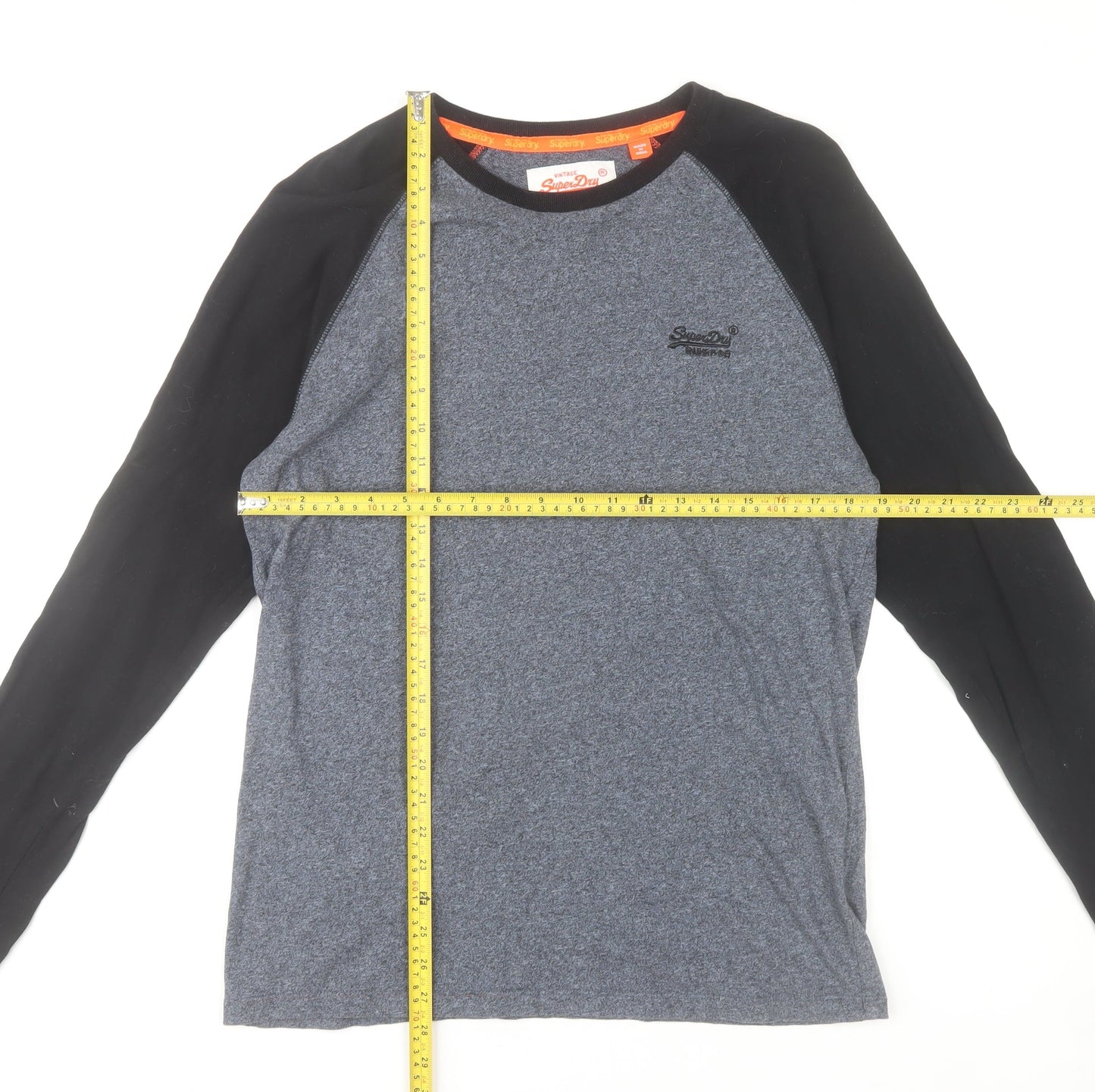 Superdry Men’s Blue Black Long Sleeve Cotton Logo T-Shirt Size L