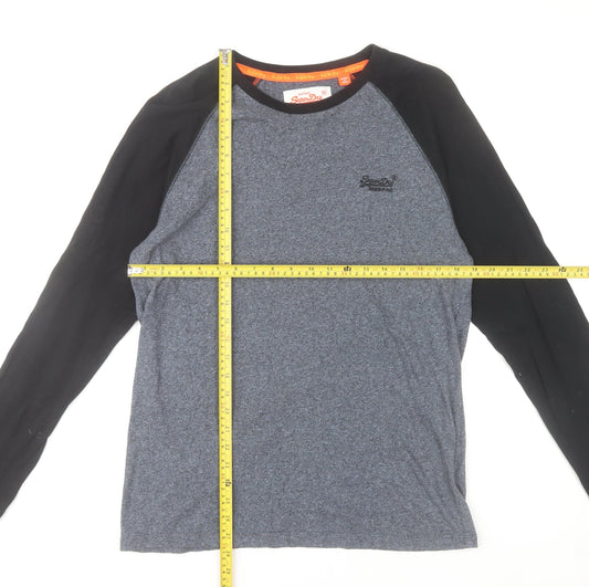Superdry Men’s Blue Black Long Sleeve Cotton Logo T-Shirt Size L