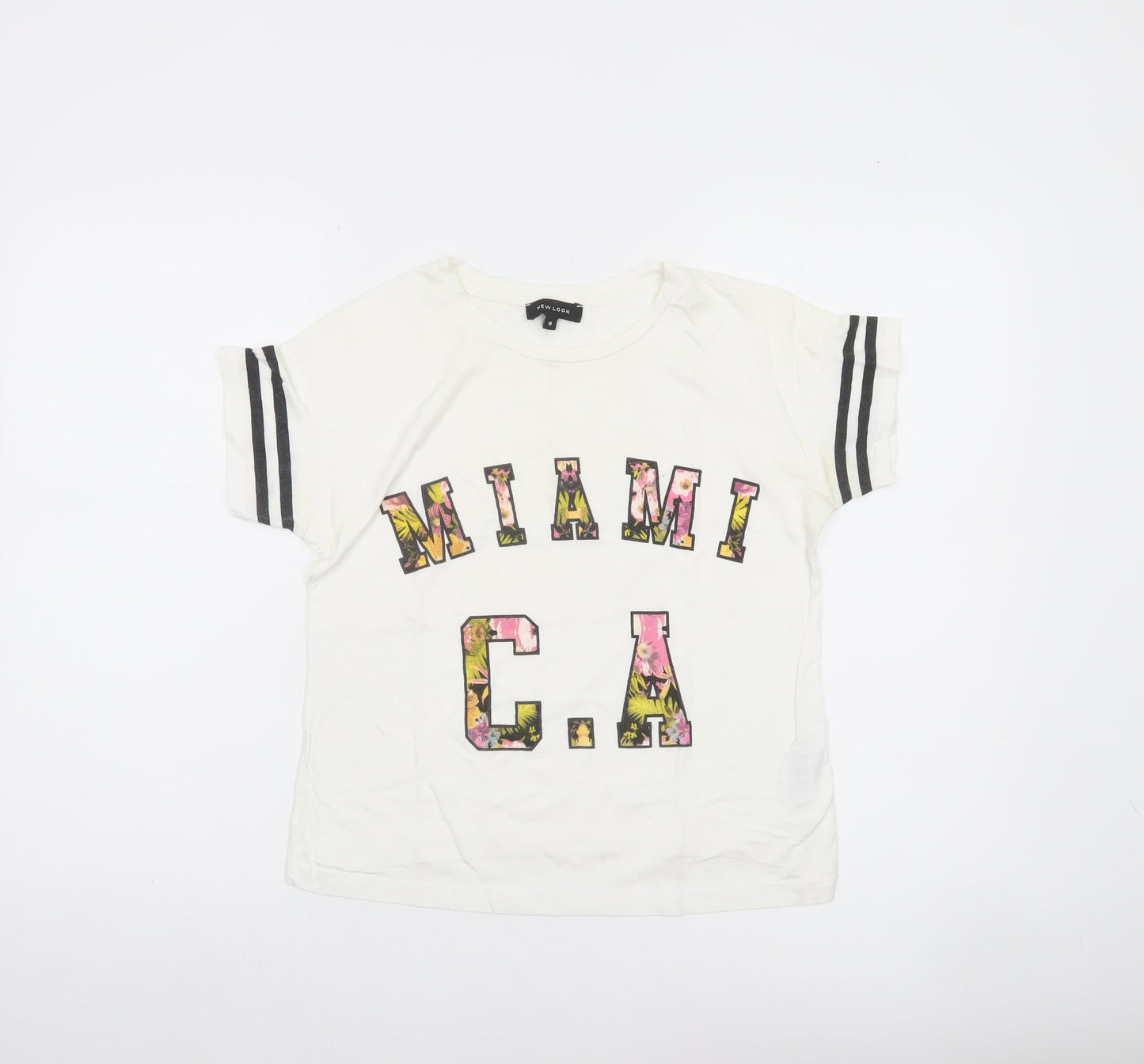 New Look Womens White Floral Print Miami CA T-Shirt Size 8