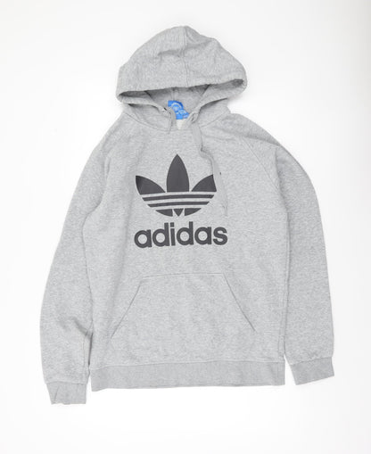 Adidas Men Grey Pullover Hoodie M Logo Sports Fleece Sweatshirt