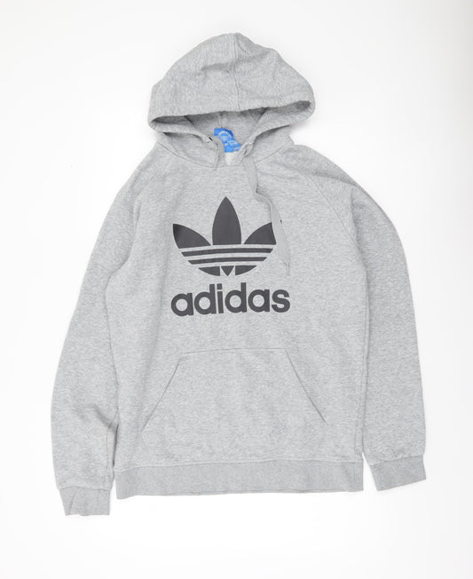 Adidas Men Grey Pullover Hoodie M Logo Sports Fleece Sweatshirt