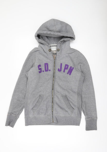 Superdry Womens Grey Full Zip Hoodie Medium with Logo Print