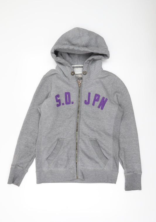 Superdry Womens Grey Full Zip Hoodie Medium with Logo Print