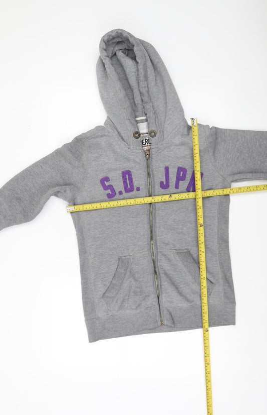 Superdry Womens Grey Full Zip Hoodie Medium with Logo Print