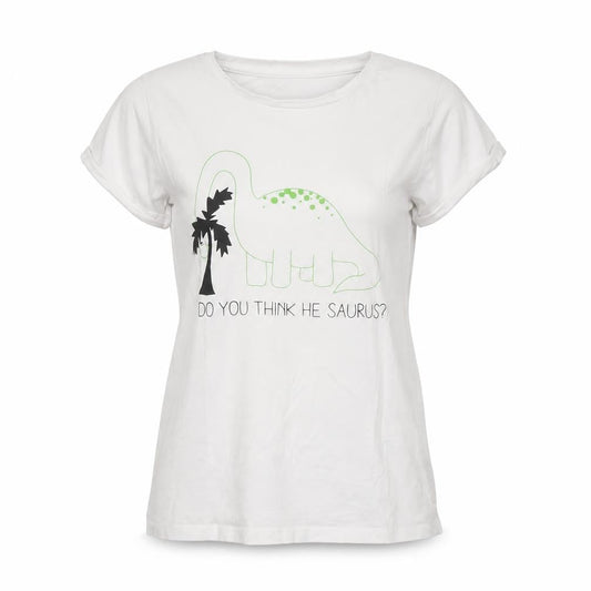 Golddigga Womens White Dinosaur Print T-Shirt Size 10